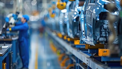 Fototapeta premium Car Bodies on an Automated Assembly Line in a Factory