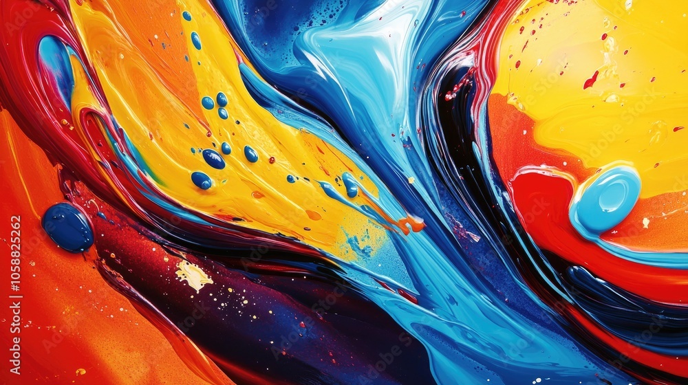 Poster vibrant paint swirls and splashes create a dynamic and colorful fluid background with twisting curve