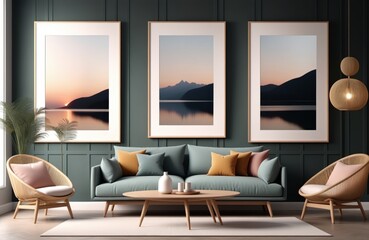 Modern living room with coastal sunset art and elegant furniture