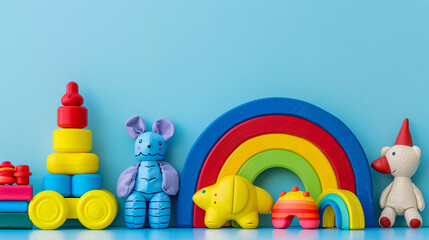Obraz premium Rainbow kids' toys on a blue background.