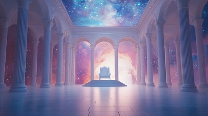 Empty throne hall with a white throne set against a cosmic backdrop