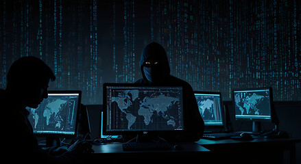  Dark silhouettes of hackers at computers with bright streams of data around, showing the hidden dangers of cybercrime.