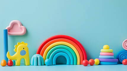 Rainbow kids' toys on a blue background.