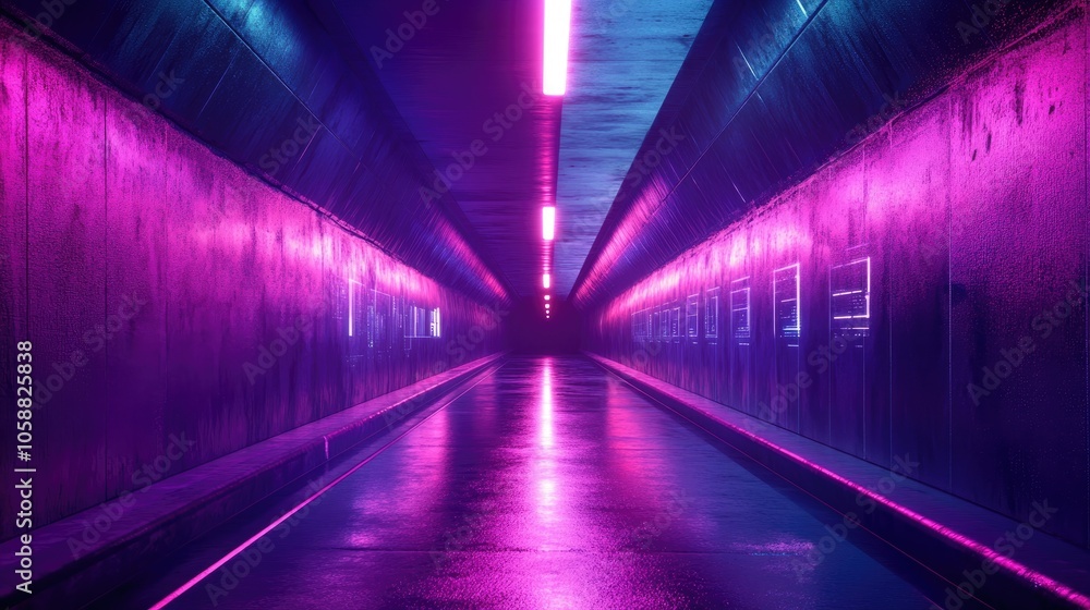 Poster 3d render of an abstract futuristic background featuring an urban tunnel illuminated by ultraviolet 
