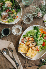 High angle view of food served on table