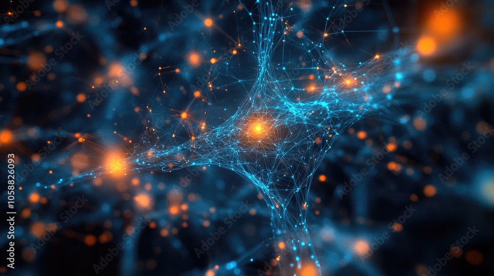 Poster complex network of luminous blue and orange links against a dark backdrop representing a digital neu