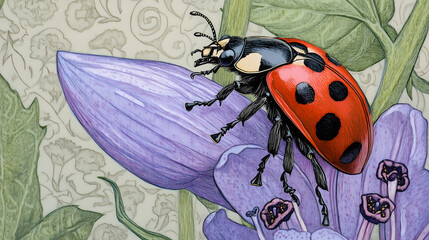 Ladybug on purple bellflower, close-up painted