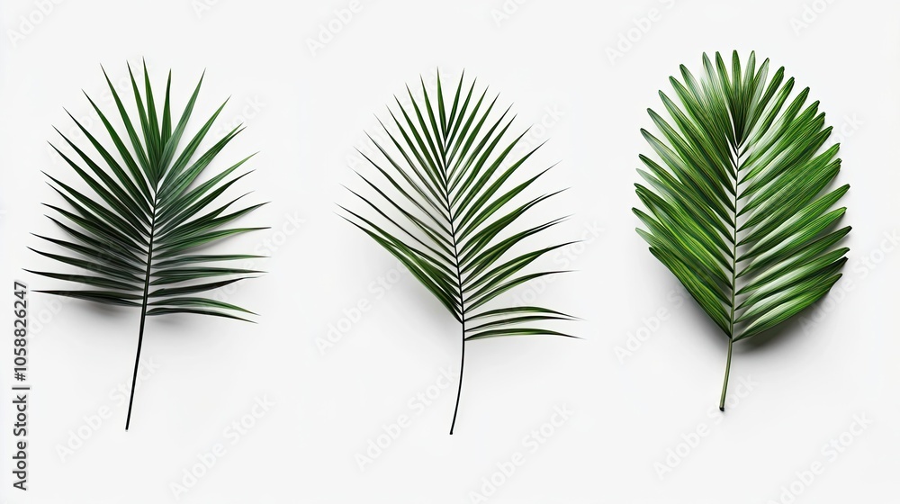 Poster tropical leaves in various shapes and textures on a light background generative ai