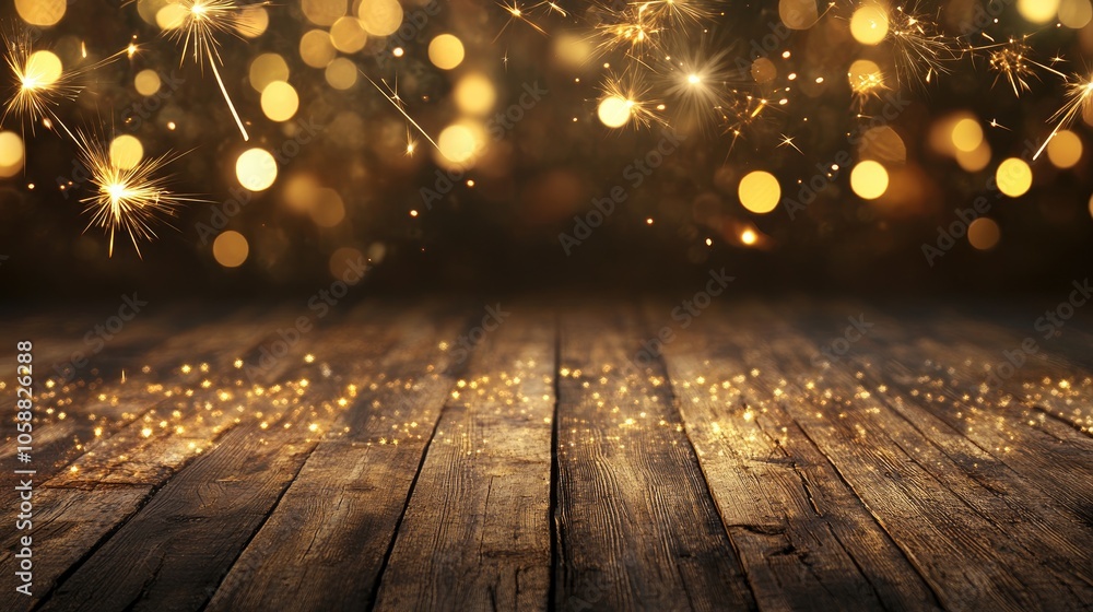 Poster golden sparklers and fireworks create a bokeh effect on a rustic wooden surface offering a panoramic