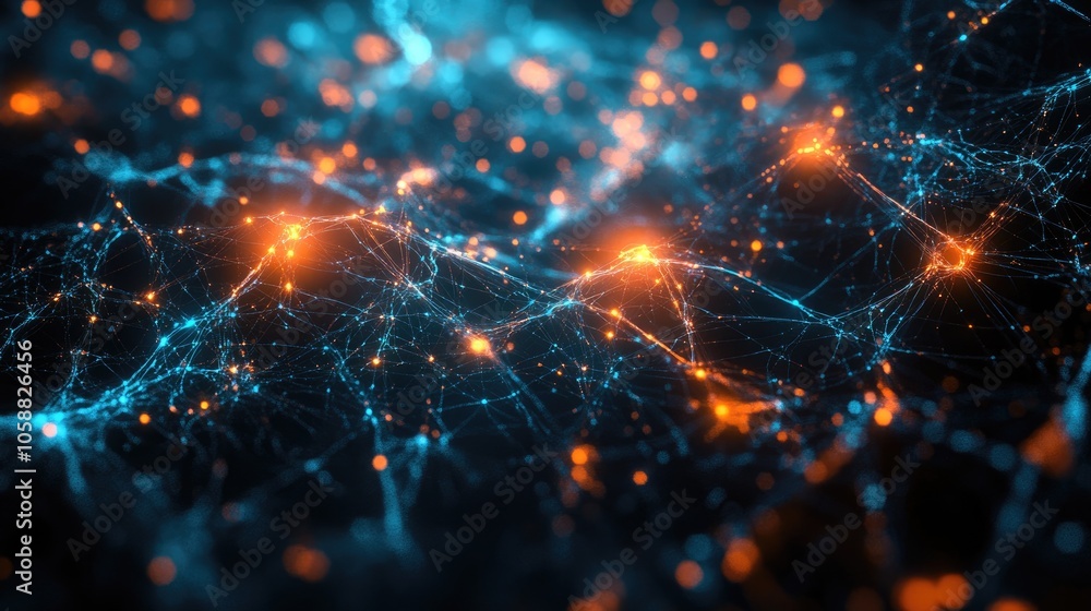 Aufkleber complex network of luminous blue and orange links against a dark backdrop representing a digital neu