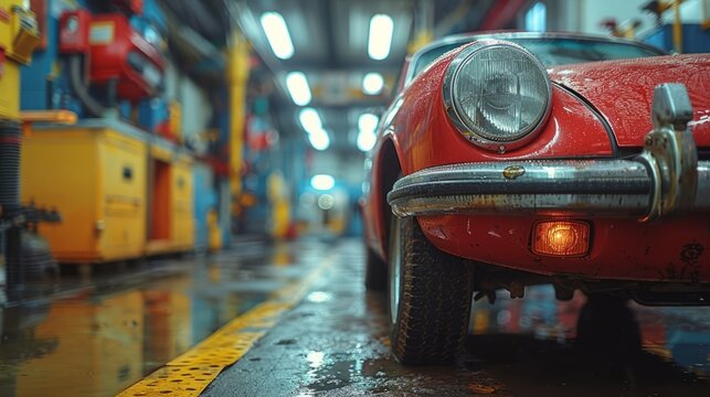 A vintage vehicle in an auto repair shop is prepared for restoration, highlighting the nostalgia and history associated with its repair and painting.