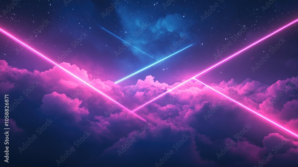 Poster digital neon lines intersecting clouds at night against a dark backdrop abstract high tech design su