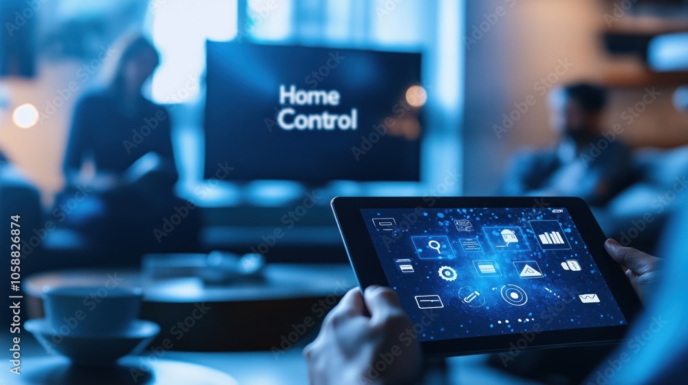 Poster smart home control system interface displayed on a smartphone in a modern minimalist living room set