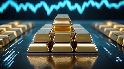 A collection of gold bars stacked prominently on a reflective surface, with a digital wave pattern in the background, symbolizing wealth and investment.