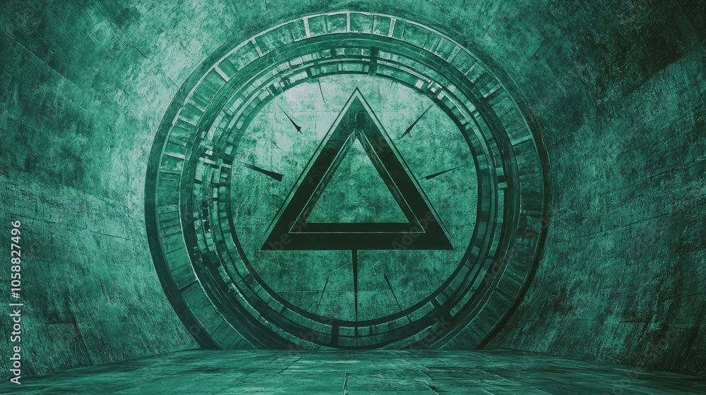 Poster a large green circle featuring a triangle at its center with arrows extending outward
