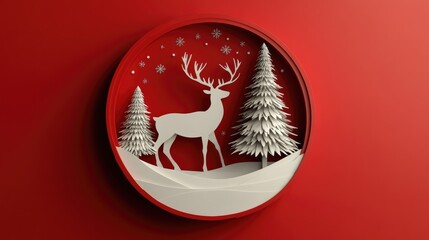 3D render digital illustration of a flat paper craft winter scene featuring a reindeer fir tree layered stag and a white tree within a round frame on a red backdrop for a holiday greeting card