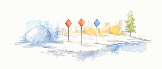 A serene watercolor scene featuring traffic signs in a snowy landscape, complemented by colorful trees and a quaint building.