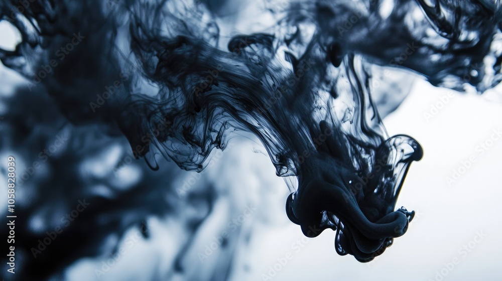 Poster abstract black ink swirling in water creating a visually striking graphic design backdrop emphasizin