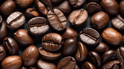 Obraz premium Close-up view of rich, dark roasted coffee beans, highlighting their glossy surface and unique texture. Perfect for coffee enthusiasts and branding