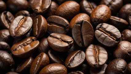 Naklejka premium Close-up view of rich, dark roasted coffee beans, highlighting their glossy surface and unique texture. Perfect for coffee enthusiasts and branding