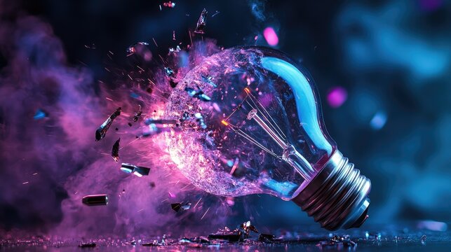High speed studio photography capturing the moment a bullet impacts an electric bulb showcasing glass fragments and vibrant blue and purple lighting Theme of outdated energy