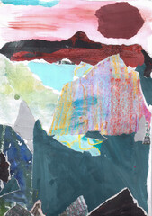 Paper collage of abstract mountain landscape with red sun made in torn paper mosaic technique