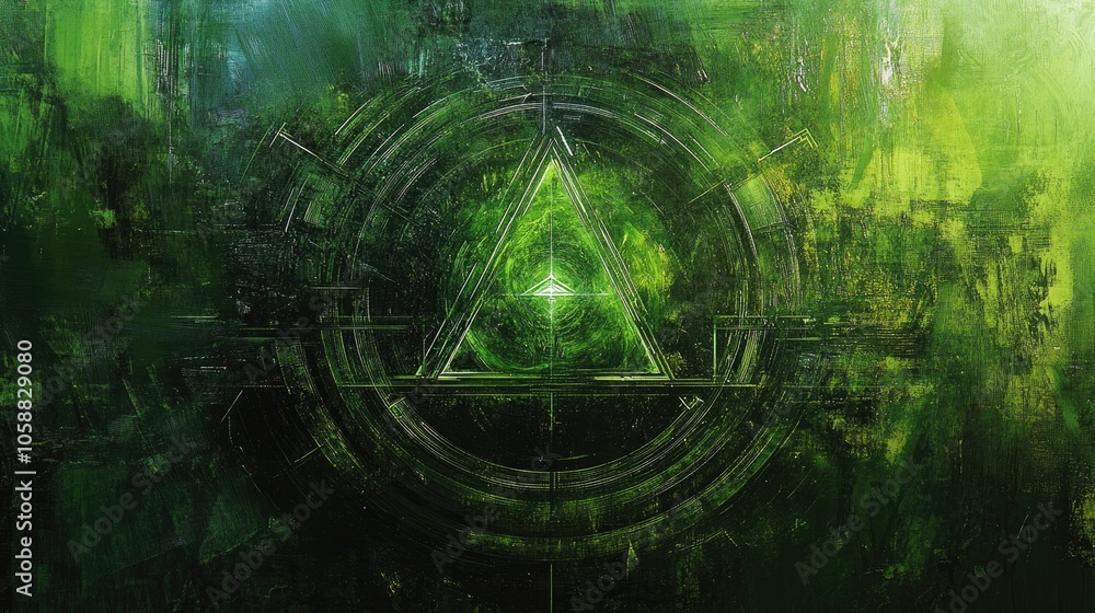Aufkleber a large green circle featuring a triangle at its center with arrows extending outward
