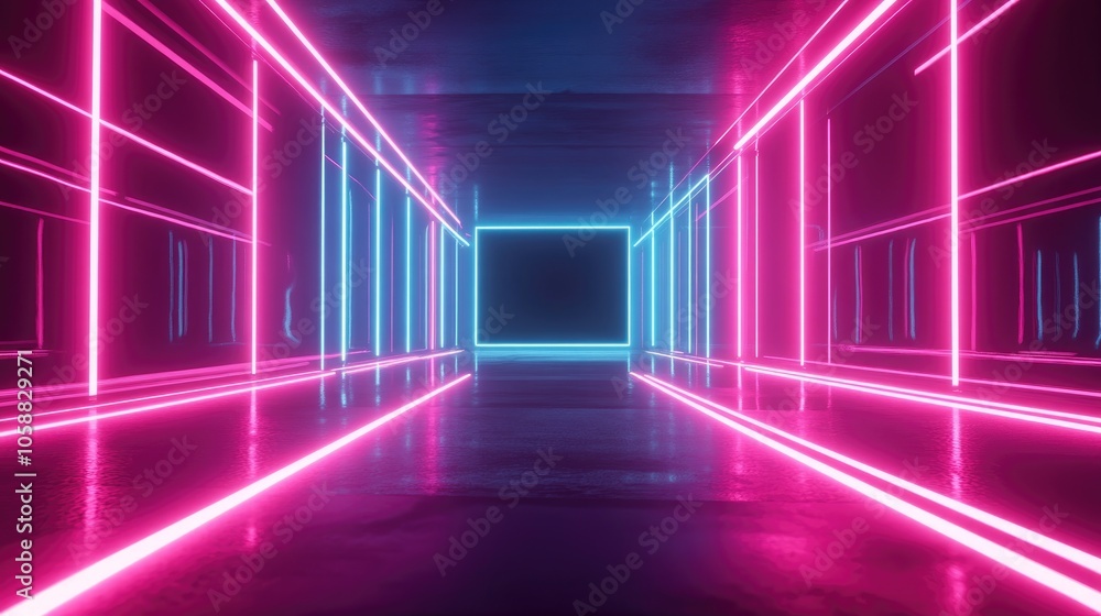 Poster 3d render of an abstract minimal background featuring glowing lines a blank space and neon lights in
