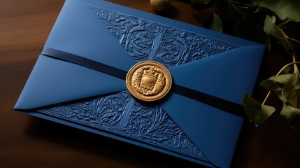 monogram blue and gold invitation