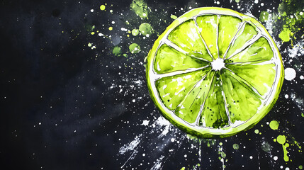 Lime green ink on black paper, white glitter sprinkled around the lemon slice