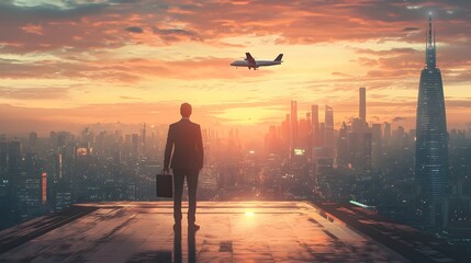 Fototapeta premium Businessman on Rooftop Helipad Overlooking Futuristic City Skyline at Sunset