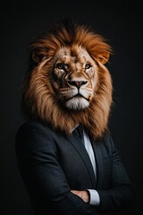 lion in a suit on a plain background. strong emotions. different tones. on a black background. 