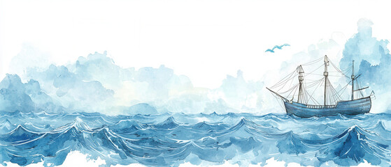 Obraz premium A serene watercolor scene depicts a sailing ship on a vast ocean under a cloudy sky.