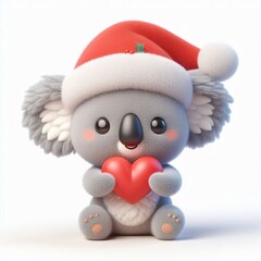 3d Cute fluffy christmas Koala doing mini heart pose, full body, white background