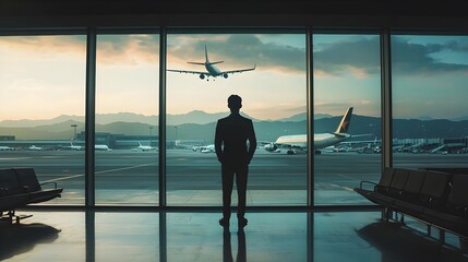 Fototapeta premium Professional Businessman Watching Planes Takeoff from VIP Airport Lounge