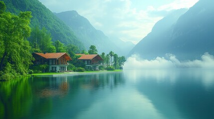 Fototapeta premium Serene Lake with Mountain View