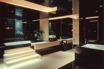 1980s luxury interior in Miami, bathroom, night time, black and cream color palette, atmospheric, hidden lighting --ar 3:2 --style raw --v 6.1 Job ID: 1530aeab-2ec1-4bba-a257-3eb9318da610