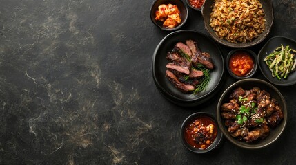 Black dish of banchan accompanied by meat barbecue and wild rice, perfect for food photography. This appetizing banchan arrangement offers visually appealing elements and ample copy space.