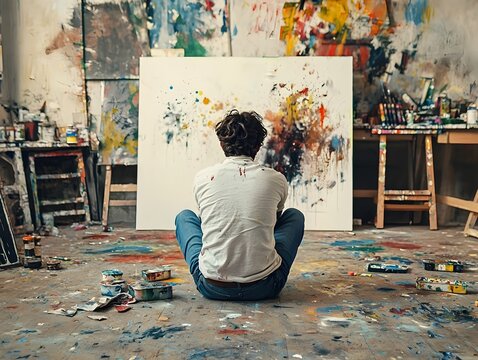 Disheartened Contemplating Blank Canvas in Messy Studio