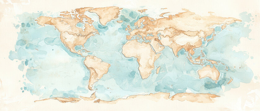 A soft watercolor world map featuring light blue and beige tones, perfect for educational or decorative purposes.