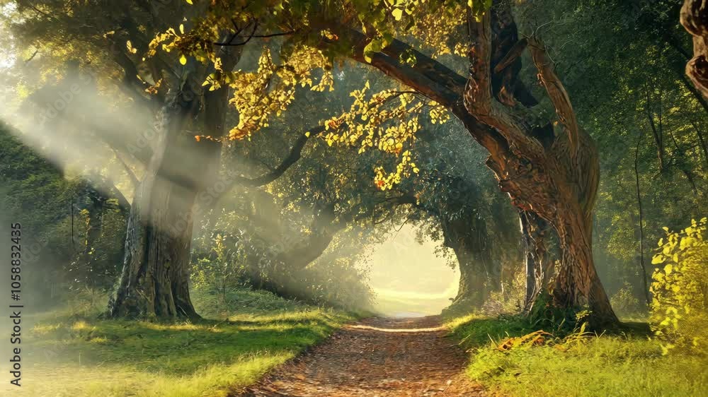Poster sunlight streams through the trees along a dirt path in the forest