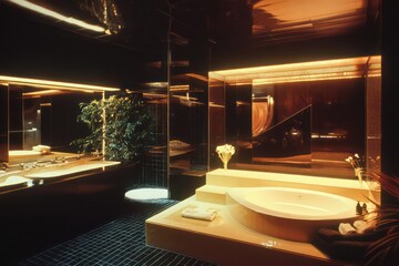 1980s luxury interior in Miami, bathroom, night time, black and cream color palette, atmospheric, hidden lighting