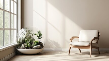 Fototapeta premium Stylish chair accompanied by a minimalist terrarium creates a cozy space, beautifully designed for comfort and aesthetic appeal, with ample copy space for creative use.