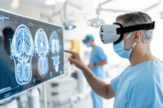 Surgeons in scrubs interact with virtual reality equipment, blending cutting-edge technology with medical expertise in a modern operating room.