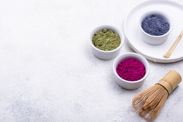 Green, blue and pink matcha powder