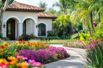 Beautiful florida house with bright flowers under clear sky at midday