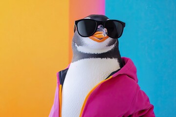 penguin in black sunglasses in a tracksuit on a plain background. strong happy emotions. laughter. multi-colored background.