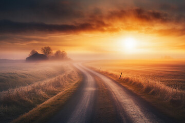 Naklejka premium A winding rural road at dawn with a vibrant sunrise glow