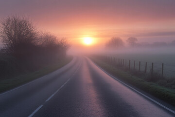 Fototapeta premium Foggy sunrise over a winding road in early morning light