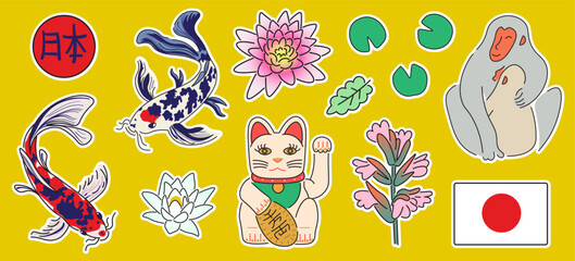 Japanese flowers and animals sticker set in doodle style in vector. element for decor postcard design print sticker animation poster background